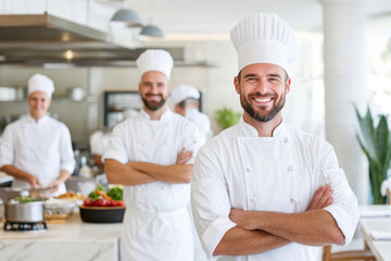 Group of chefs in a professional kitchen smiling confidently