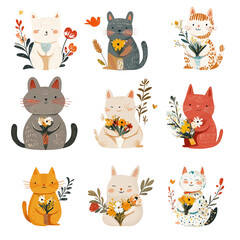 Nine Adorable Cats with Flowers: A Whimsical Collection of Cute Felines Holding Colorful Bouquets