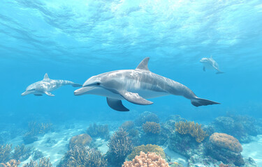 Fototapeta premium Dolphins gracefully swimming through vibrant ocean reefs in clear blue waters
