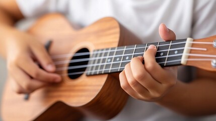 Obraz premium A person playing a ukulele, showcasing their hands on the instrument, highlighting the joy of music and creativity.