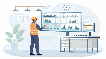 Fototapeta premium Engineer Monitoring Virtual Production Line on Large Screen - Digital Technology Integration in Modern Manufacturing