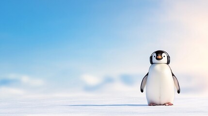 Obraz premium A cute penguin stands on a snowy landscape under a clear blue sky, embodying the charm of Arctic wildlife.