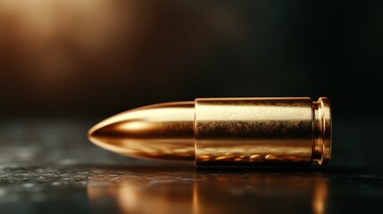 A detailed photograph showcasing a side view of a golden bullet lying on a dark textured table,...