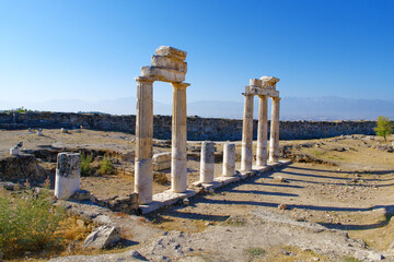 Ruins of Ancient Gymnasium columns in Hierapolis, Pamukkale, Turkey