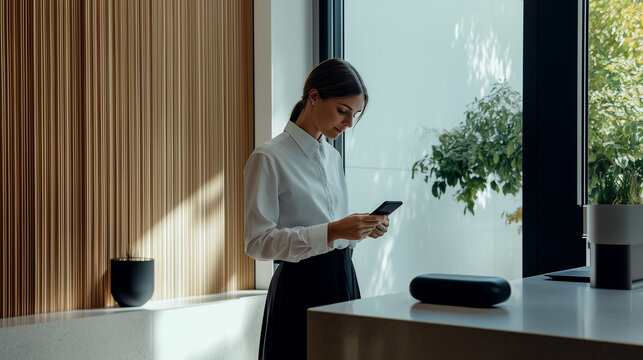 A female business traveler seated comfortably in a stylish hotel bar, casually dressed but professional, with a plate of food on the table beside them. The traveler appears relaxed, perhaps reading or