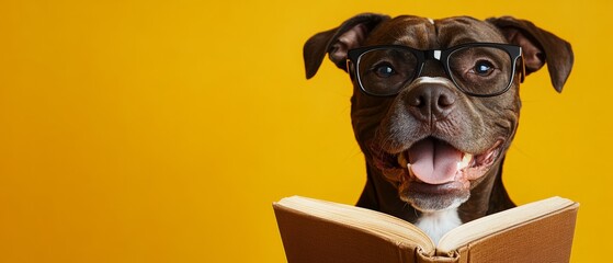 dog wearing glasses, reading an open book