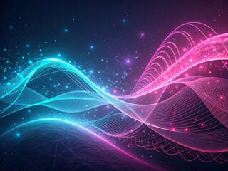 Vibrant abstract waves in blue and pink hues create dynamic visual effect, enhanced by soft ethereal light and sparkling stars, evoking sense of movement and energy