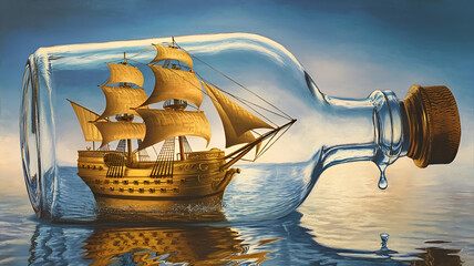 Intricate Ship in a Bottle, Realistic Sailing Ship with Ocean Reflection, Detailed Nautical Ship Model in Glass, Classic Maritime Ship in Bottle, Stunning Decorative Nautical Illustration