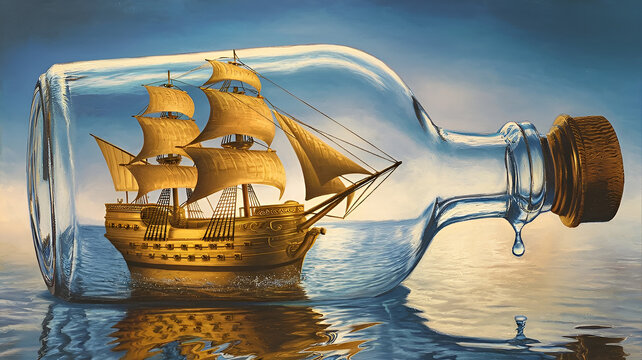 Intricate Ship in a Bottle, Realistic Sailing Ship with Ocean Reflection, Detailed Nautical Ship Model in Glass, Classic Maritime Ship in Bottle, Stunning Decorative Nautical Illustration