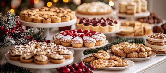 Festive Christmas dessert buffet with various sweet treats, cakes, cookies, and pastries.