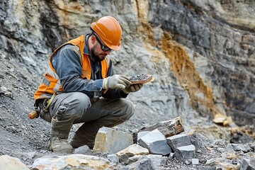 Mining engineer examining rock samples in a rugged quarry landscape with outdoor gear and safety