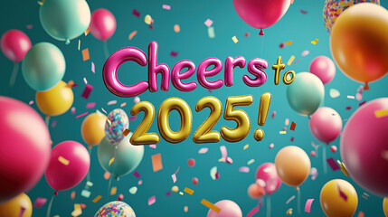 Fototapeta premium Playful Cheers to 2025 with Balloon-Shaped Typography on a Deep Teal Background for Children's Celebrations