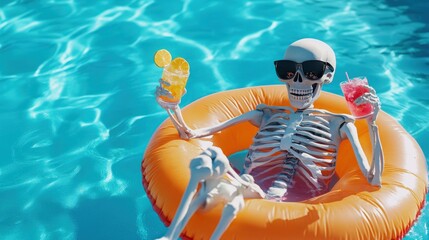 Skeleton Enjoys Summer Poolside Drinks and Relaxation