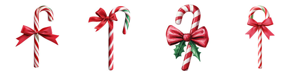 Colorful assortment of classic candy cane with red and white striped patterns wrapped in decorative bows and ribbons for the Christmas holiday season  Traditional festive ornaments and treats
