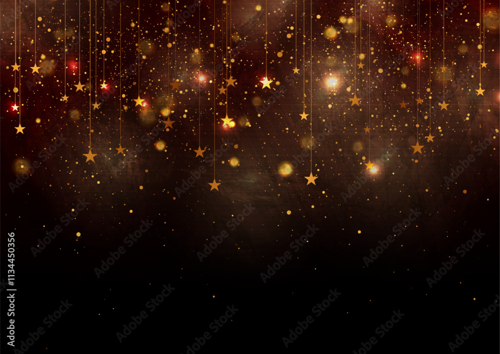 Poster glowing golden hanging stars and shiny particles abstract grunge background. new year and christmas 