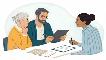 Healthcare Financial Advisor Negotiating with Suppliers Using Documents and Tablet on Plain Background