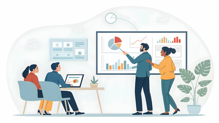 Corporate Team Strategizing with Charts in Plain Office for Data-Driven Collaboration and Strategic Planning