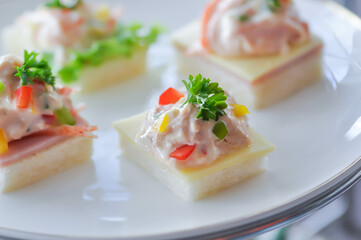 canape or toast with ham , cheese , tuna and corn