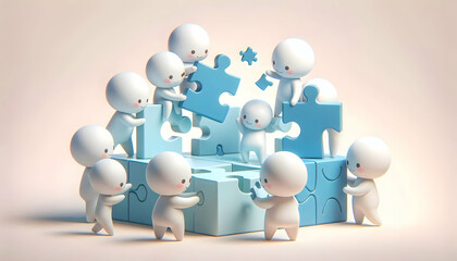 3D Team members assembling puzzle pieces with candid smiles soft abstract background copy space above. concept as Team members assembling puzzle pieces with candid smiles against a soft abstract backg