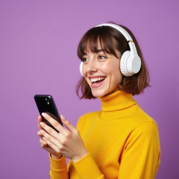 Woman Enjoying Music With Headphones and Smartphone Against Purple Background