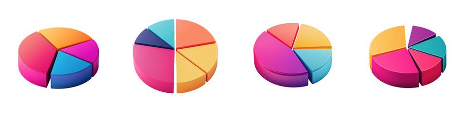 Obraz premium Vibrant 3D pie charts in different colors representing data statistics and financial analysis for business planning strategy and reporting Geometric infographic visualization for investment