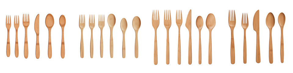 Rustic wooden kitchen cutlery set including spoons forks and knives arranged in a minimalist elegant layout on a wooden table  Eco friendly sustainable dining and cooking concept