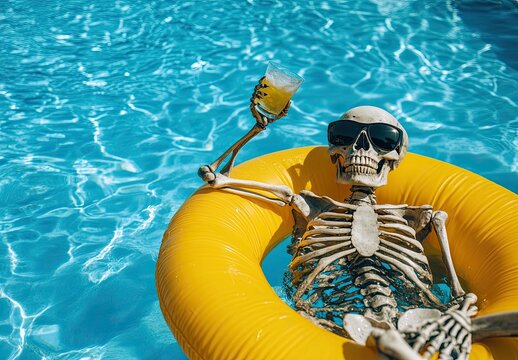 A skeleton wearing sunglasses and holding an ice-cold cocktail is lounging on top of a yellow inflatable ring in a swimming pool