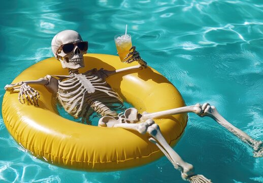 A skeleton wearing sunglasses and holding an ice-cold cocktail is lounging on top of a yellow inflatable ring in a swimming pool