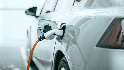 Naklejka premium Electric Car Icon with Charging Plug - Electric Vehicle Technology Illustration for Stock Photo Concept