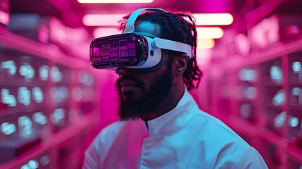 Scientist in VR Glasses Conducting Complex Virtual Experiments in Simulated Laboratory Environment