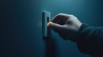 Close-up of a man's hand flipping a grey light switch beside a dark blue wall in the evening, with a focus on energy conservation and the conscious effort to manage power usage for electrical safety a