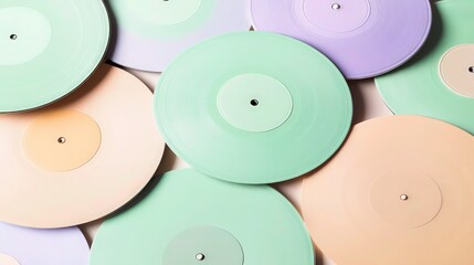 A collection of vinyl records in pastel hues of mint green, lavender, and soft peach stacked and overlapping. 