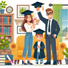 Flat Family Celebrating Graduate's Success in Cozy Living Room with Copy Space for Branding