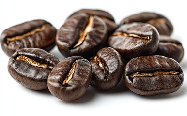 Fototapeta premium Roasted coffee beans are displayed up close on a light background, showcasing their rich texture and color.