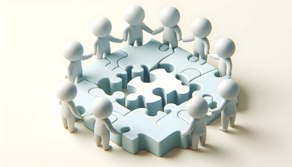 3D Soft abstract background with team members connecting puzzle pieces copy space below. concept as Team members connecting puzzle pieces on a soft abstract background representing unity and collabora
