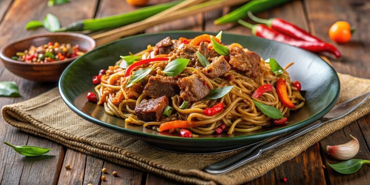 Traditional Indonesian fried noodles dish with spicy flavor and a mix of meat, vegetables, and spices