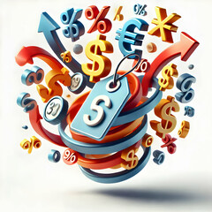 Fototapeta premium 3D Floating discount tag with currency symbols and advertising arrows concept as A dynamic vector illustration of a floating discount tag intertwined with various currency symbols and advertising arro