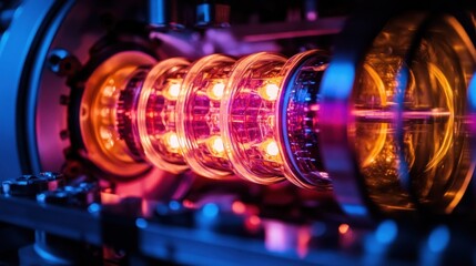 Illuminated glass tubes within a technological device, glowing with vibrant orange and pink light.