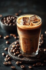A glass of iced coffee with cream, encircled by coffee beans.