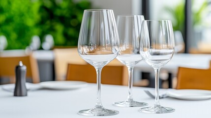 A country-style wooden table in a restaurant, prepared for a meal with white plates, glasses, silverware, and a vase of flowers.