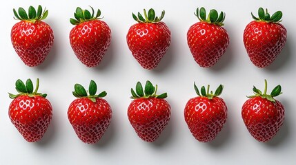 A photostock of a cluster of fresh strawberries arranged neatly on a seamless white background, showcasing their vibrant red color and juicy texture. High Quality