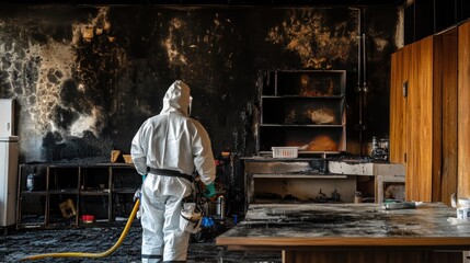 Fire damage restoration worker in protective suit inspects a charred kitchen.