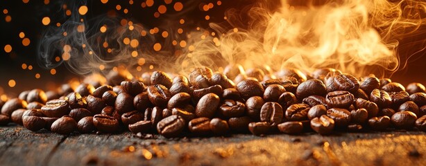 A tight shot of richly aromatic coffee beans, just roasted and steaming. Great for coffee-focused projects and culinary visuals.