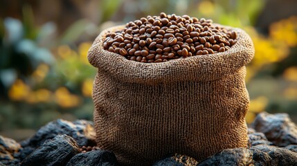 Obraz premium Freshly roasted coffee beans pour out of a burlap sack, displaying their deep brown color and texture. This scene encapsulates the essence of coffee culture and the pleasure of brewing.