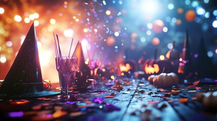 Festive Halloween party table setting with confetti, decorations, and drinks.