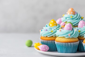 A platter of tasty Easter cupcakes sits on the table, featuring vibrant candy eggs, festive decor, and spring blossoms. These delightful treats are ideal for festive gatherings, holidays, and kids'
