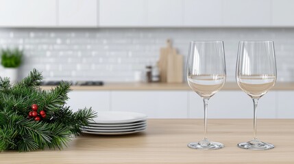 A 3D illustration of a kitchen with a holiday-themed table setup and decorations, depicting a festive cooking environment.