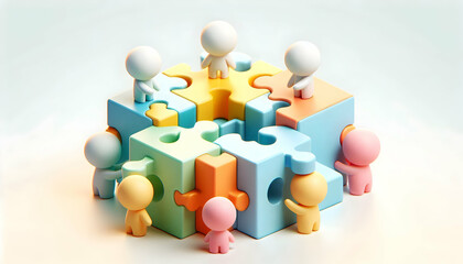 3D Soft abstract digital art with team connecting puzzle pieces copy space below. concept as A soft abstract digital art scene of a team connecting puzzle pieces symbolizing collaboration and problem 