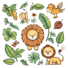 Obraz premium Jungle Adventure: Two Adorable Lions Amidst Lush Tropical Foliage