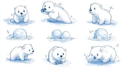 Cute polar bear cubs playing in the snow and water.